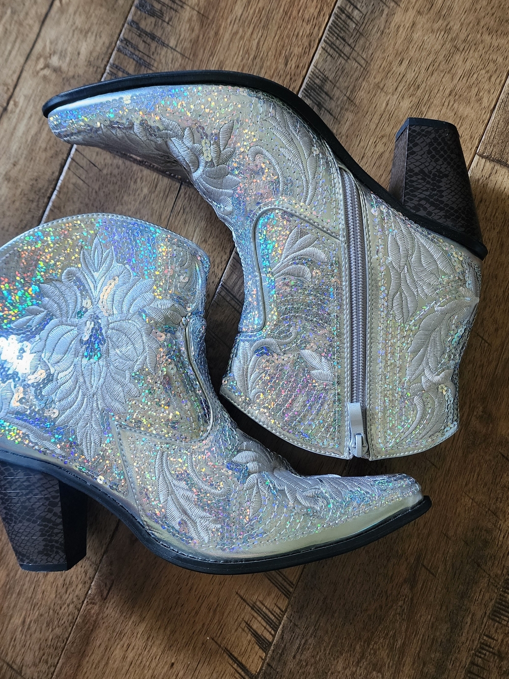 Iridescent Embroidered Ankle Booties - Holographic Silver
